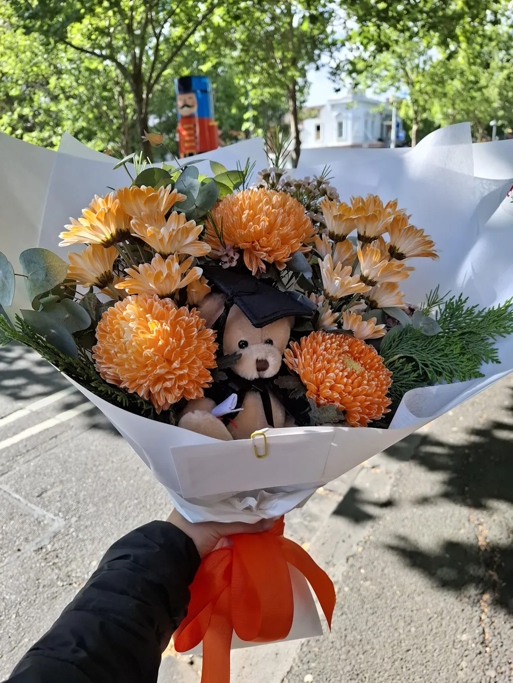 Teddy Flame | Bright Orange Graduation Bouquet