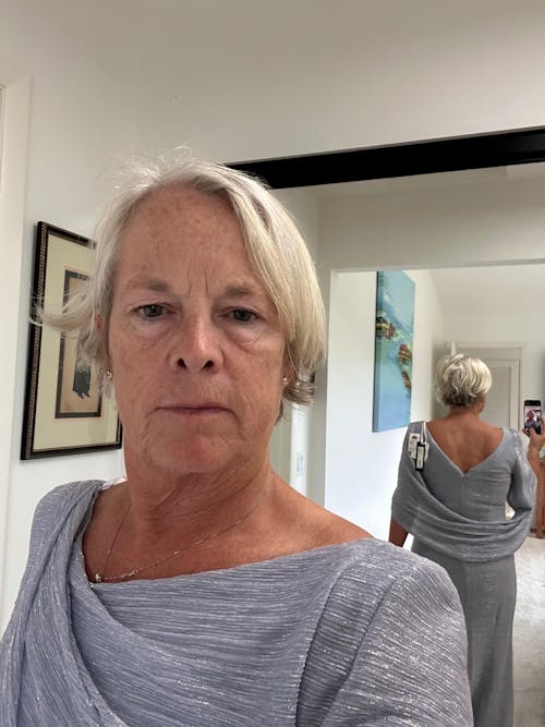 Petite "Elaine" Long Metallic Crinkle Cowl Neck Back Dress