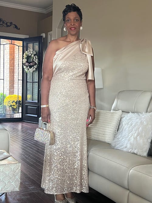 "Paulette" Long Sequin One Shoulder with Satin Bow Floor Length Dress