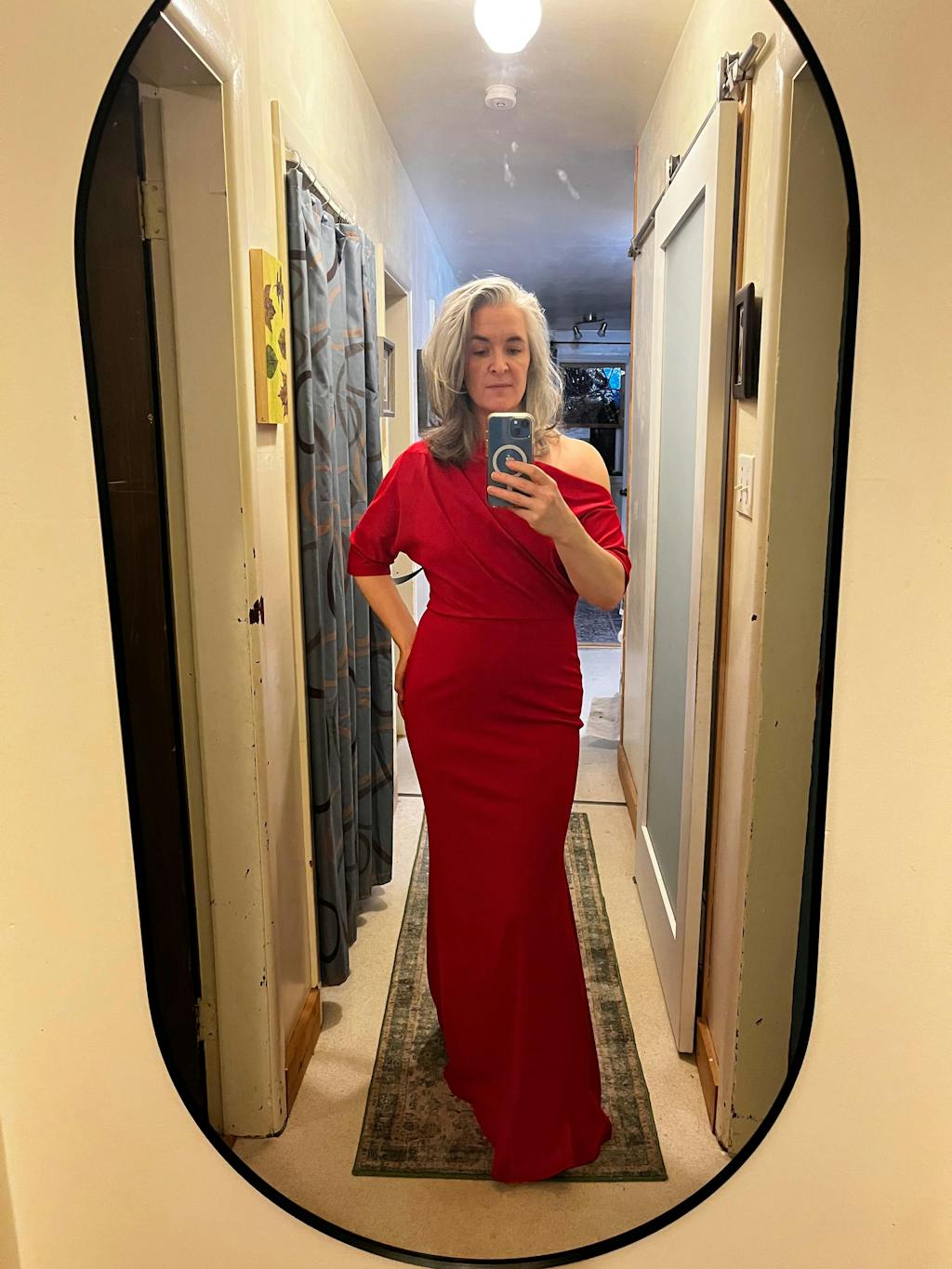 "Madeline" Long Scuba Crepe Off the Shoulder Drop Dress