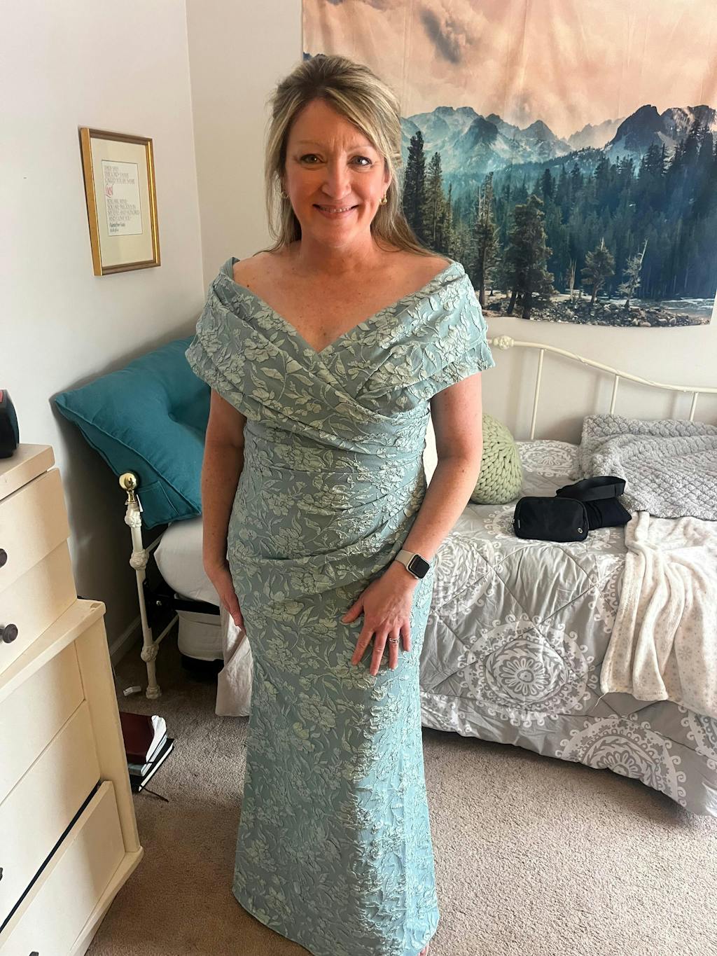 "April" Jacquard Off the Shoulder Floor Length Dress