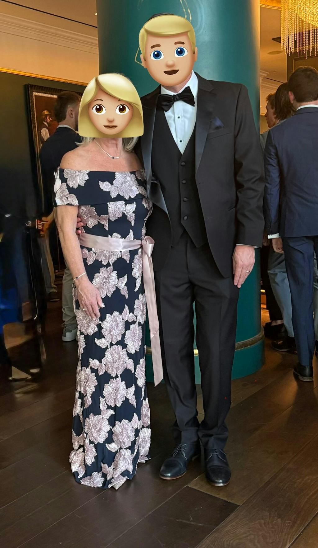 Petite "Georgette" Soutache Off the Shoulder Ribbon Floor Length Dress