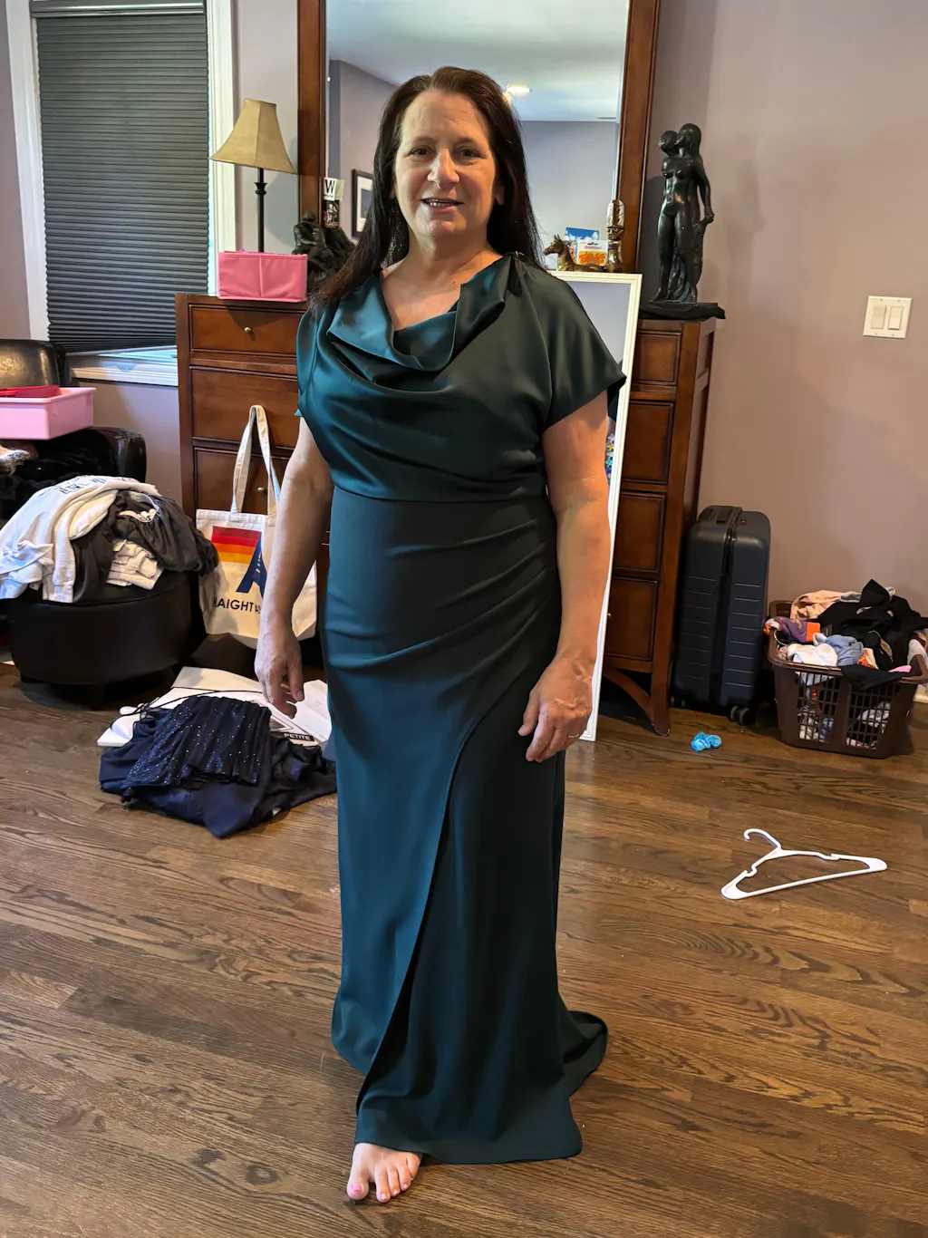 Petite "Rinna" Scuba Crepe and Satin Cowl Neck Floor Length Dress