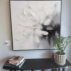 “Textured White Flower” - White, Gray, Black Textured Floral Painting On Canvas PS0767