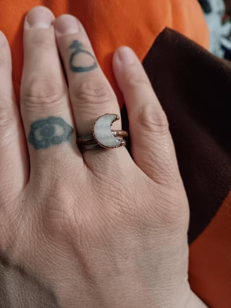 Kunzite Crystal Crescent Moon Shard Ring — Handcrafted Copper Talisman