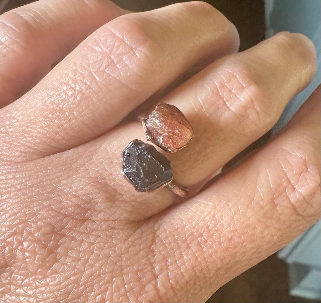 Black Tourmaline and Sunstone Ring — Handcrafted Copper Talisman for Confidence