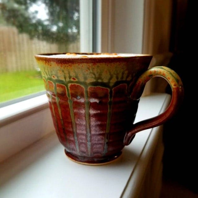 Rustic Ceramic Coffee Cup in Green, Rust and Blue outlet Glazes, Handmade Pottery Mug 18 oz. Ready to Ship Made in the USA