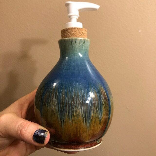 Handmade shops Ceramic Amber Blue Soap Dispenser Vase Multipurpose