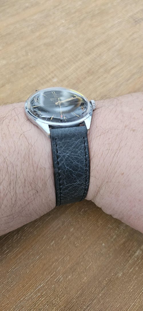 Curea de Ceas din Piele Antichizata, Neagra, Cusatura Neagra