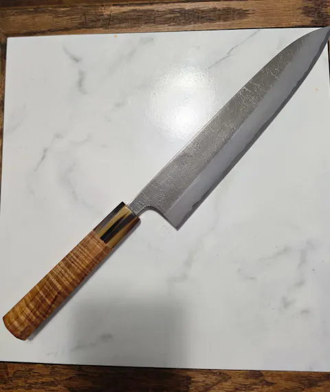 I -4 Curly Hawaiian Koa Wa handle, marble horn ferrule,  145 mm handle