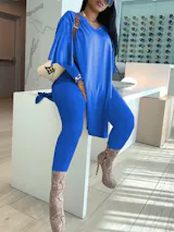 Women's Sexy Split Side Blue Two-Piece Pants Set