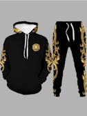 Men's Hooded Lion Printed Black/Gold Sweat Suit