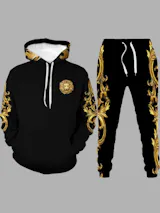 Men's Hooded Lion Printed Black/Gold Sweat Suit