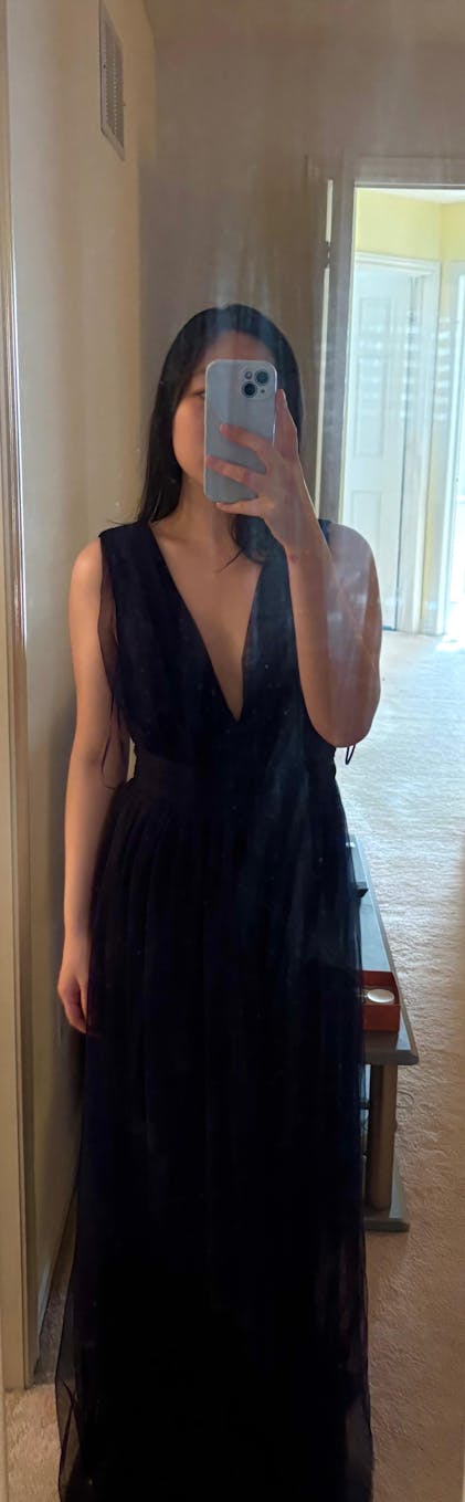 Samina Taupe Tulle Maxi Dress with Plunging Neckline