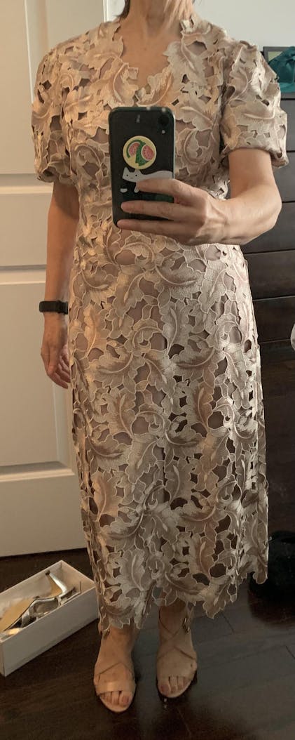 Rolande Midi Taupe Openwork Lace Dress | Boutique 1861