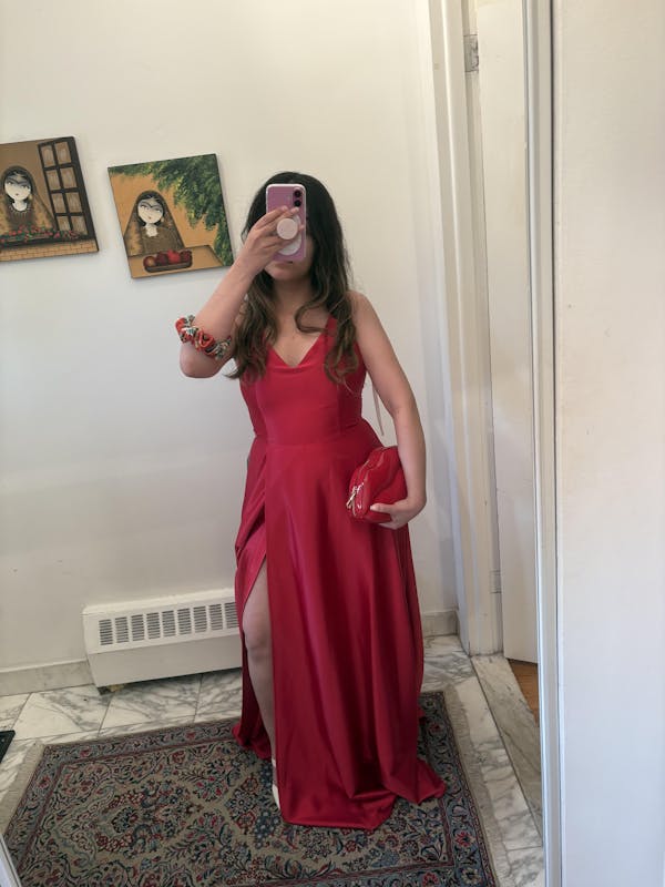 Julia Red | Satin Maxi Dress with High Slit