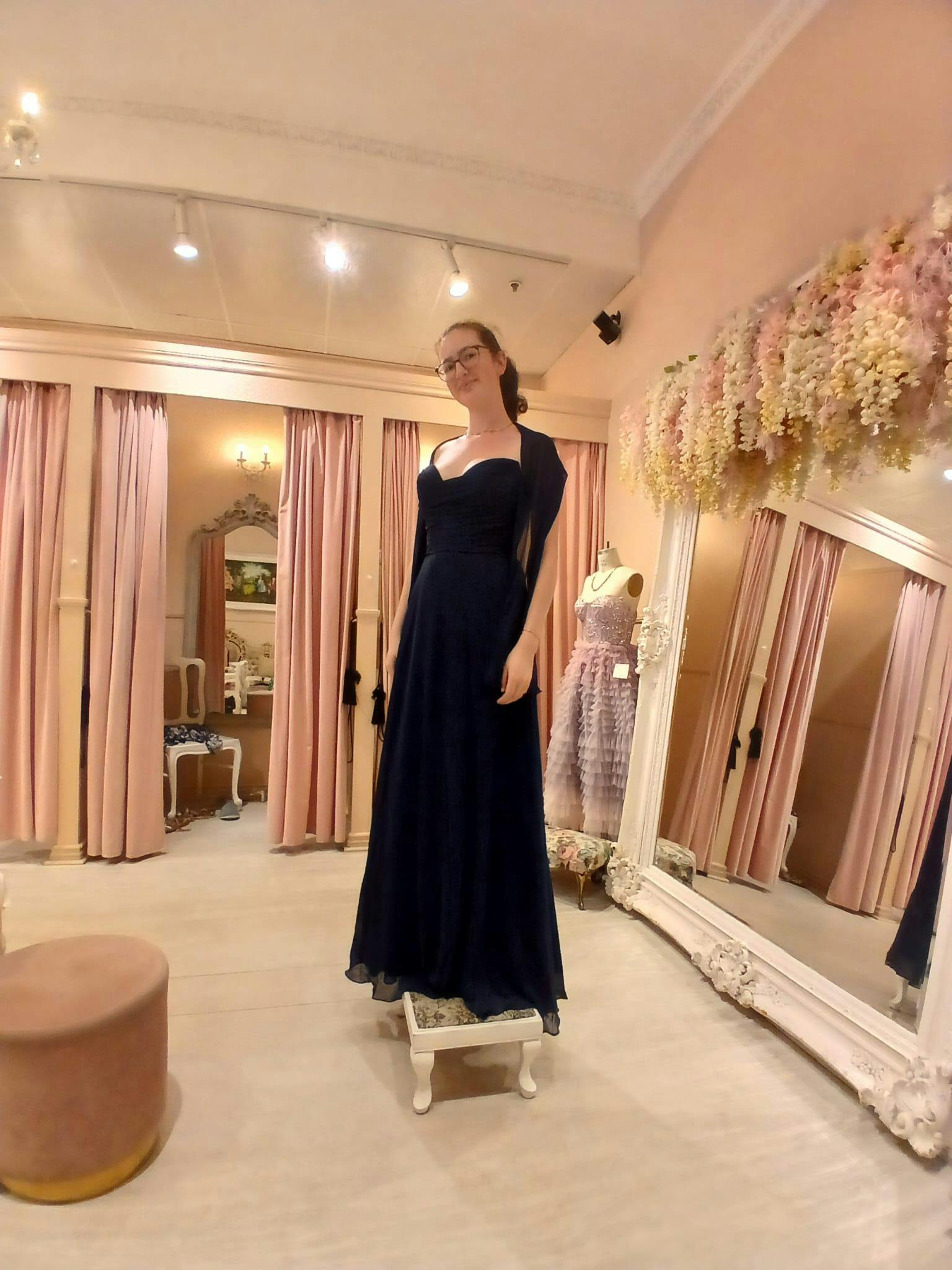 Janie Navy Chiffon Maxi Dress with Sweetheart Neckline and Scarf