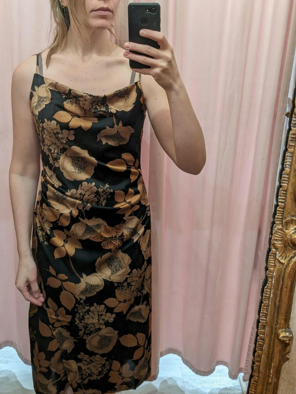 Hinaya Black | Floral Cowl Neck Satin Midi Slip Dress