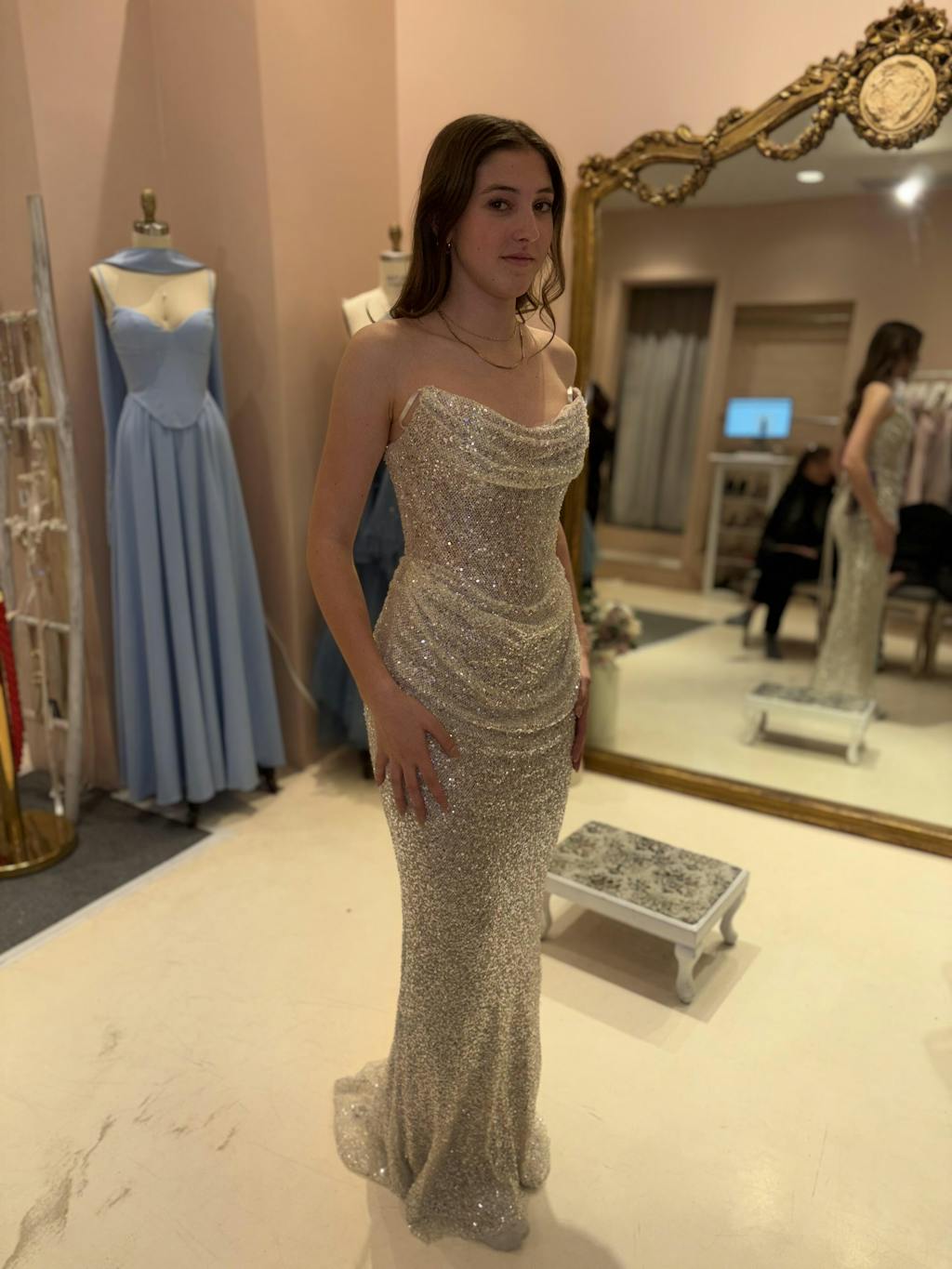 Hanna Silver | Strapless Sequin Maxi Dress with Lace-Up Back