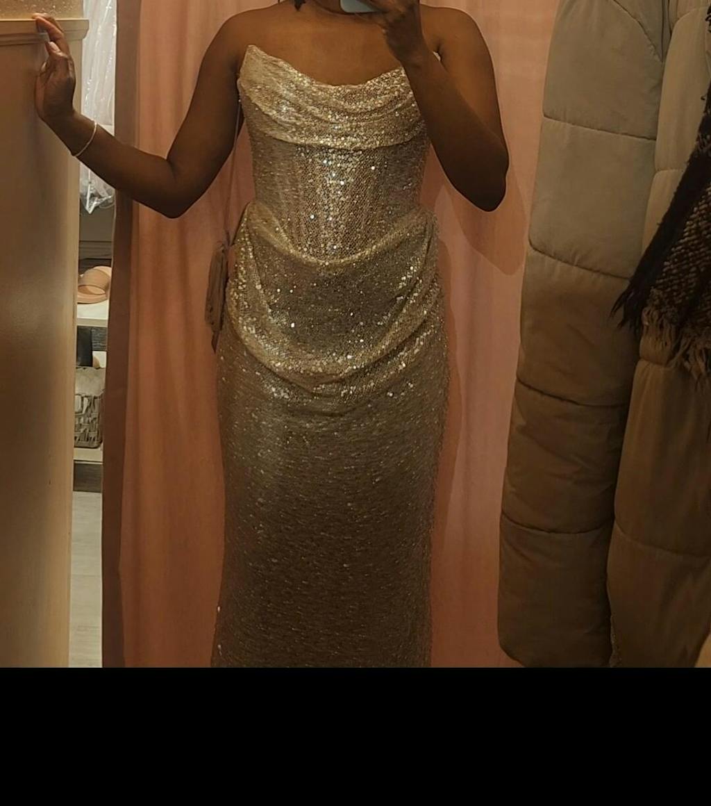 Hanna Silver | Strapless Sequin Maxi Dress with Lace-Up Back