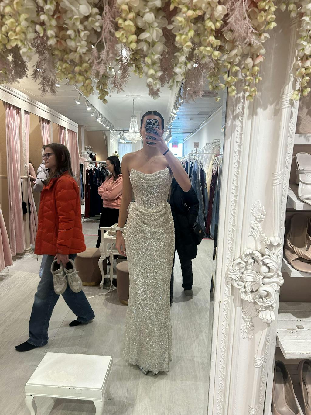 Hanna Silver | Strapless Sequin Maxi Dress with Lace-Up Back