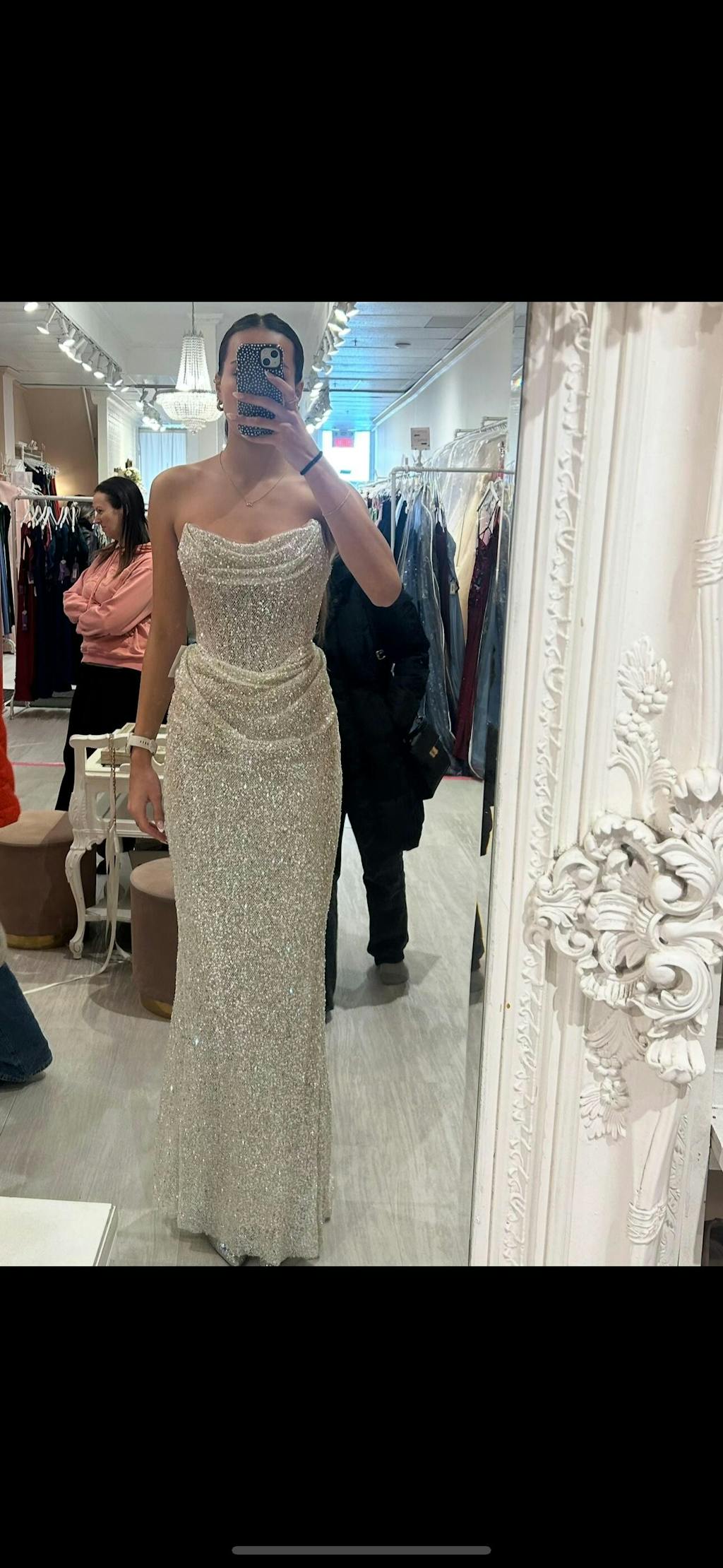 Hanna Silver | Strapless Sequin Maxi Dress with Lace-Up Back