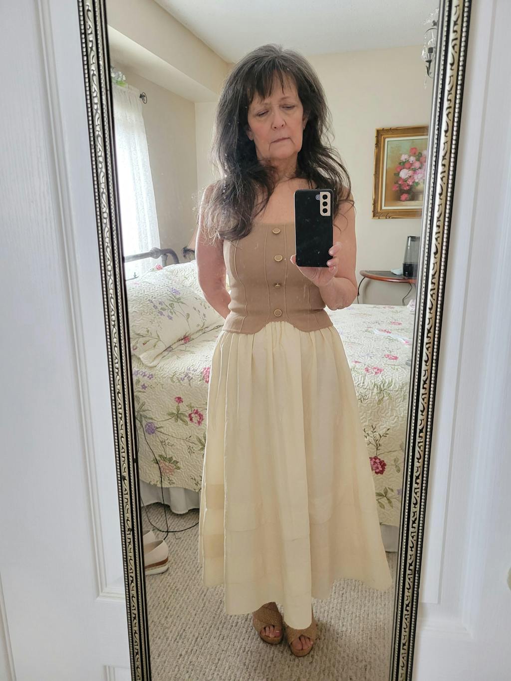 Berthie | Midi Beige Dress with Corset-Style Bodice