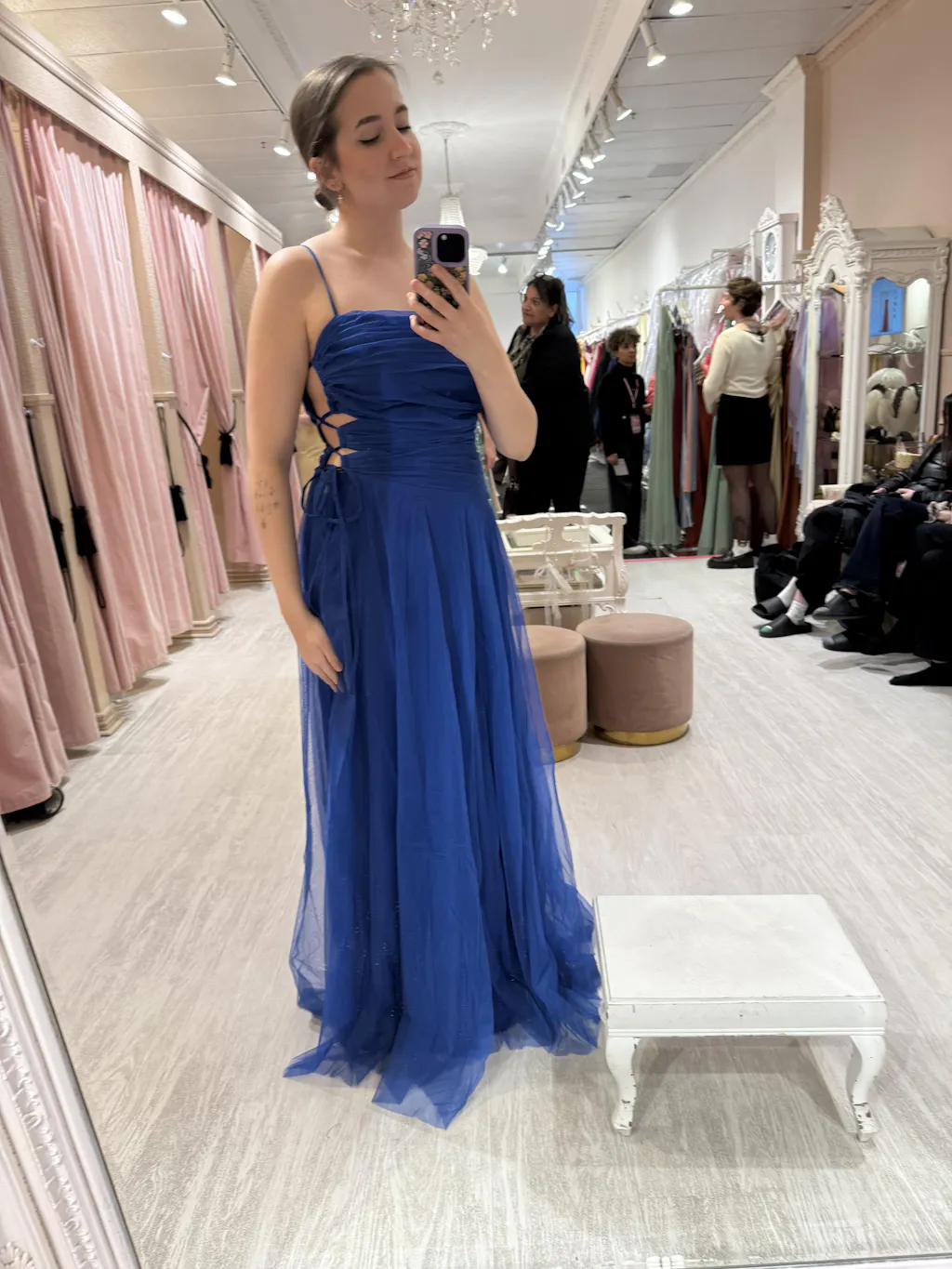 Micah Blue | Tulle Maxi Dress with Ruched Bodice and Side Cutouts