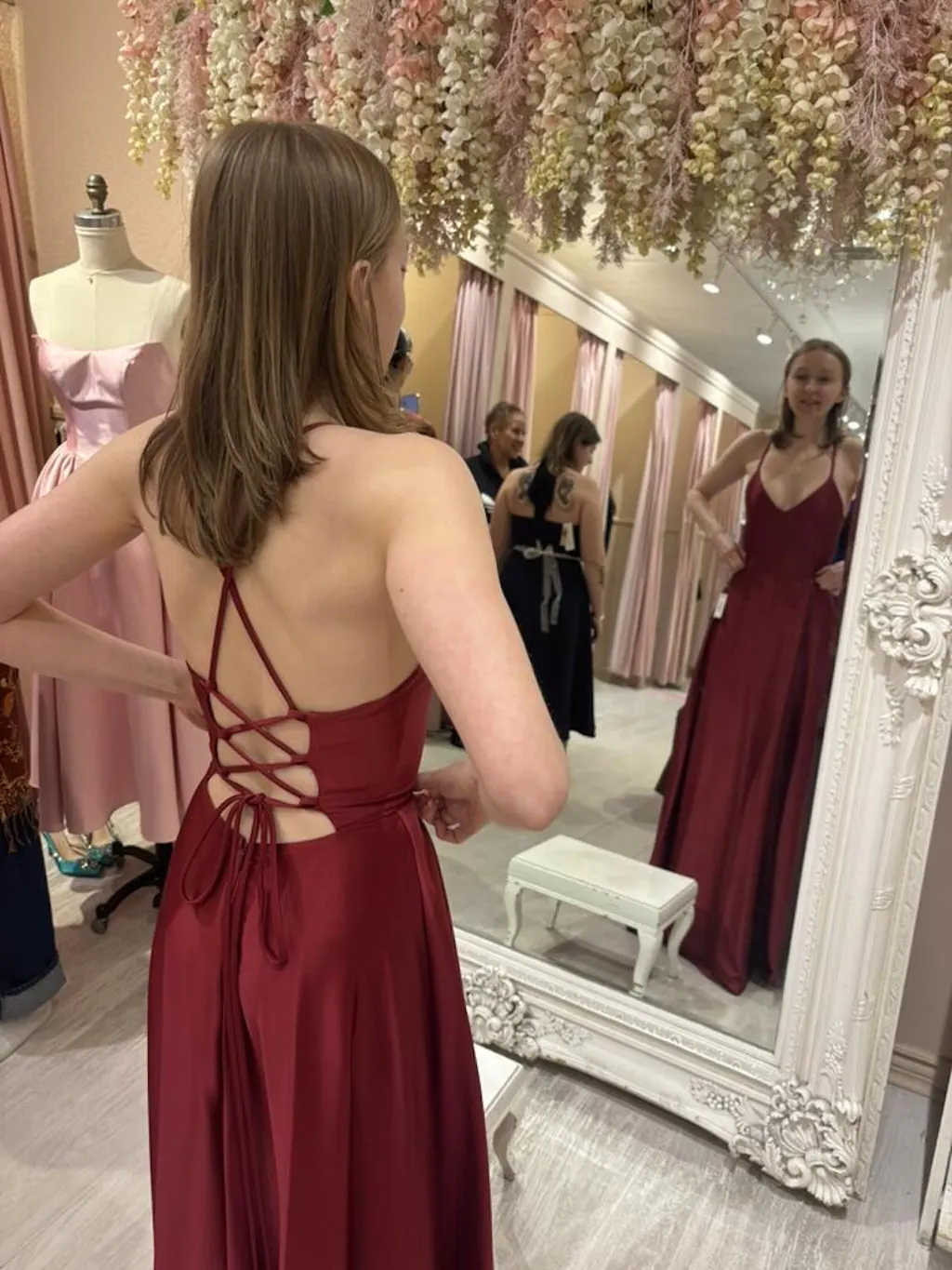 Julia Red Satin Maxi Dress with High Slit | Boutique 1861 Julia Red Satin Maxi Dress with High Slit | Boutique 1861