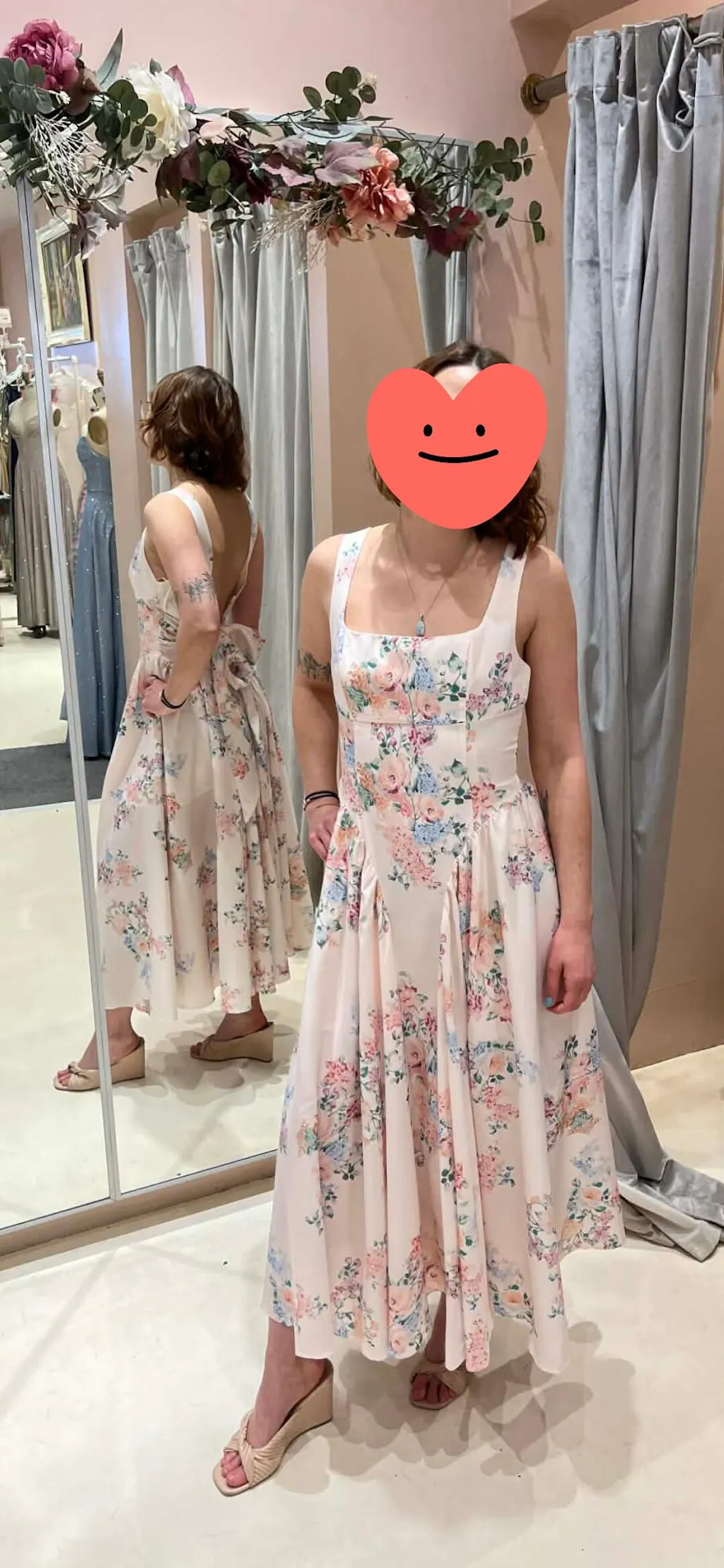 Leah | A-Line Midi Pink Floral Dress with Ribbons at Back