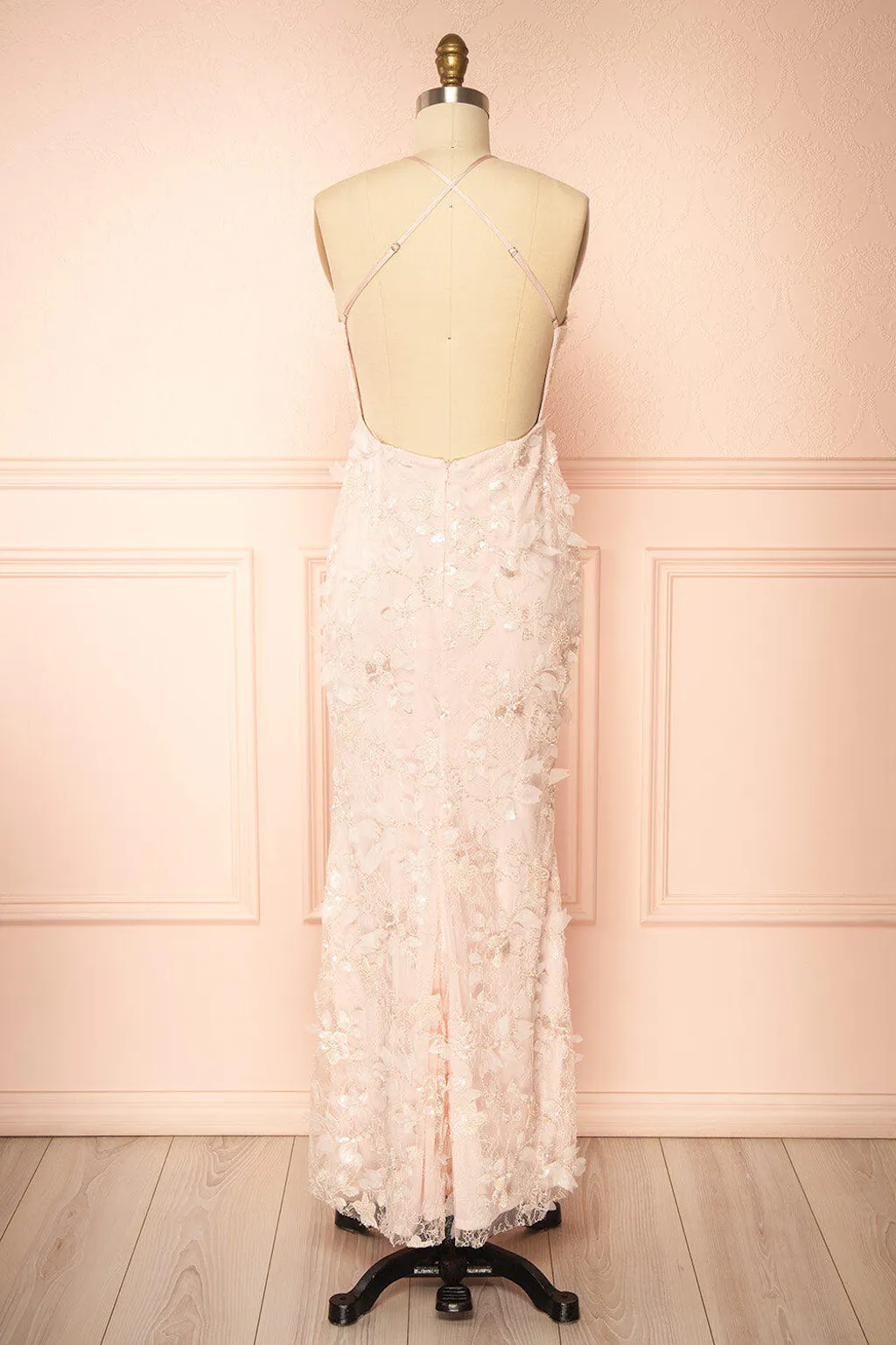 Sahida Pink | Lace Maxi Dress with Floral Appliqués