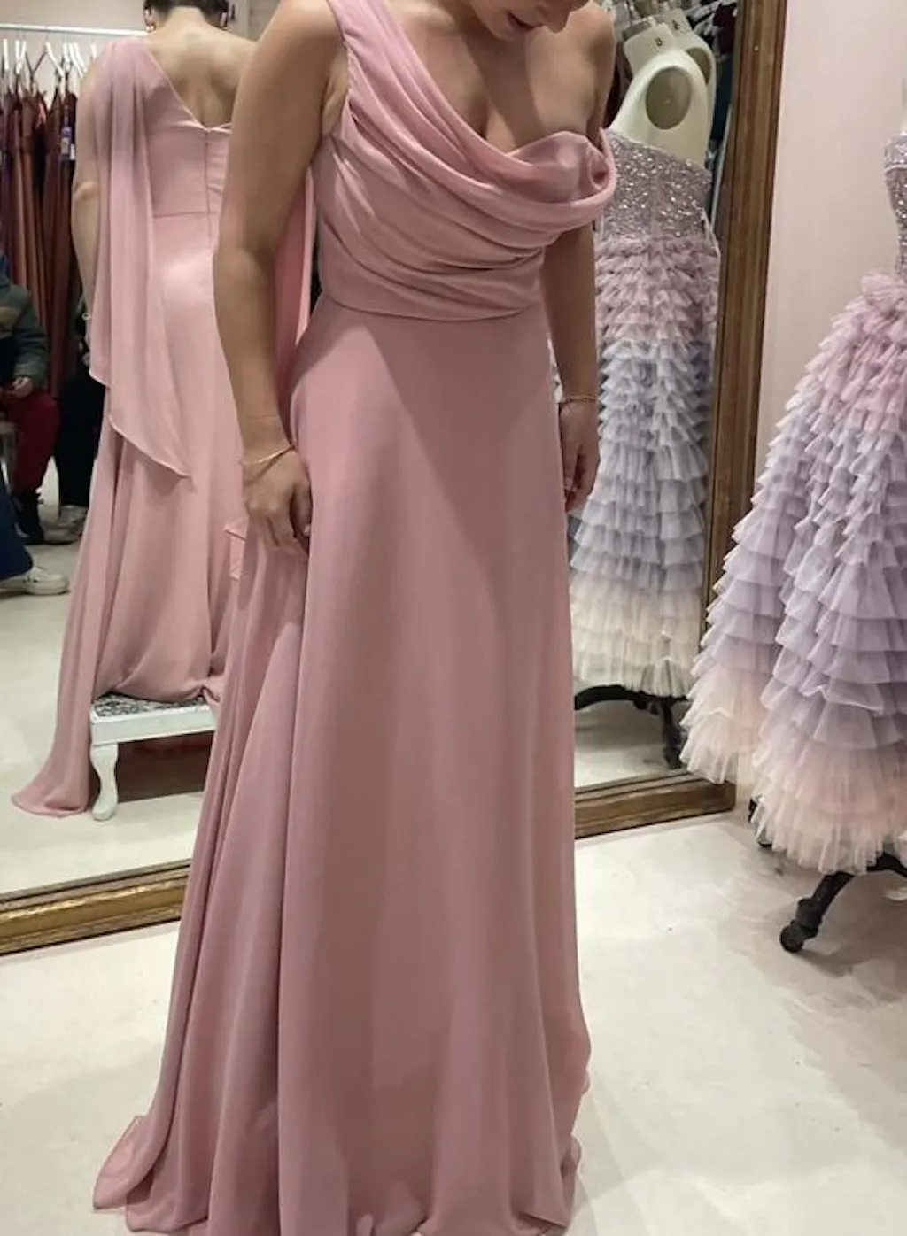 Zorua Pink | One-Shoulder Maxi Dress with Cape Sleeve