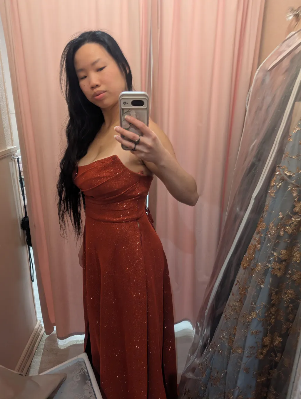 Fitzi Red | Sparkly Strapless Maxi Dress with Pockets