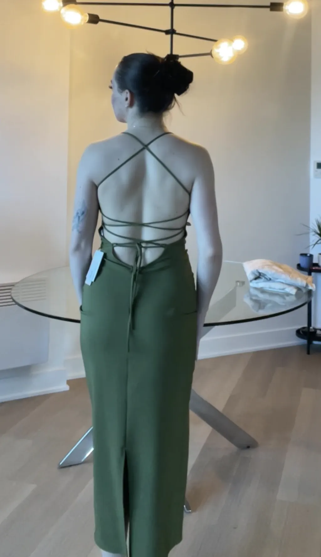 Arannia Khaki | Fitted Midi Dress with Laced Back by Arti Gogna