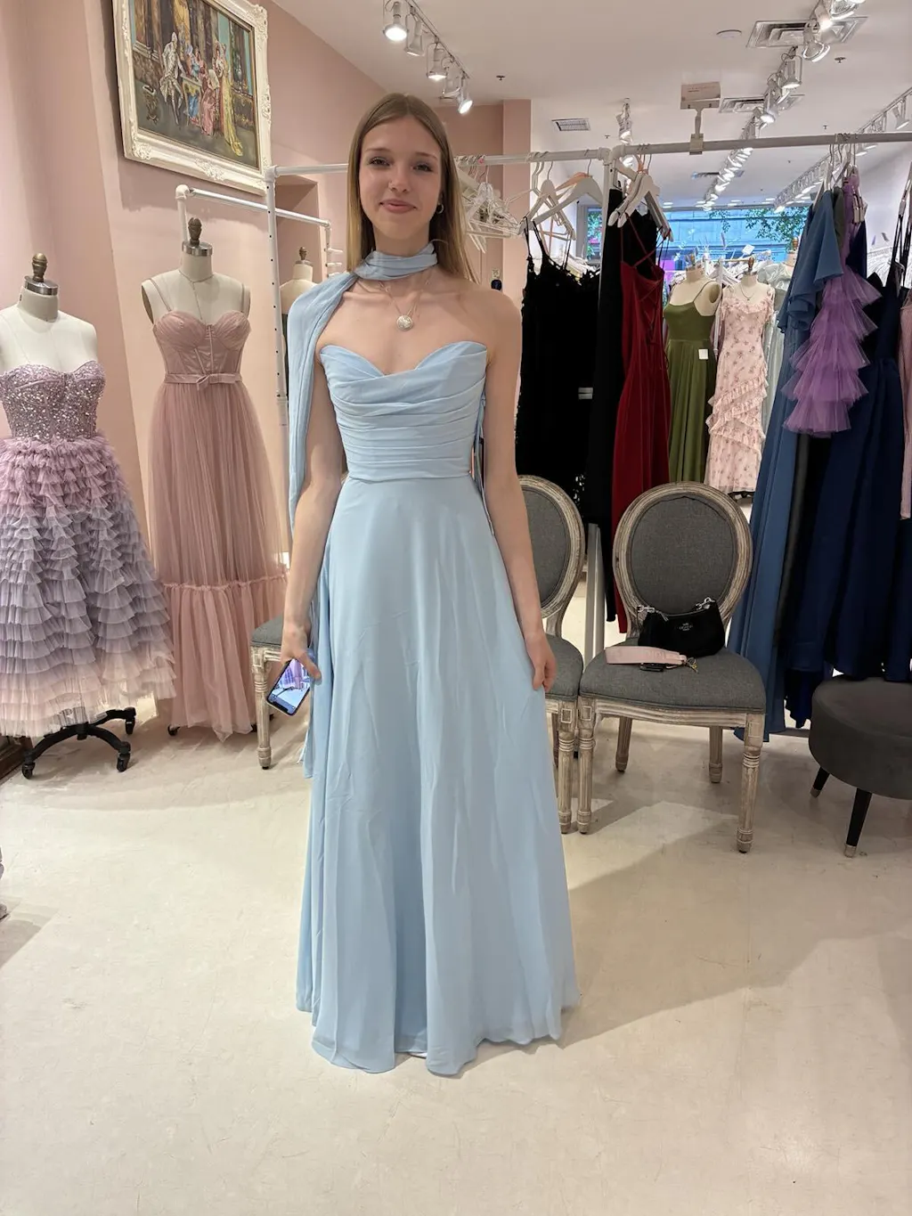 Janie Light Blue | Chiffon Maxi Dress with Sweetheart Neckline and Scarf