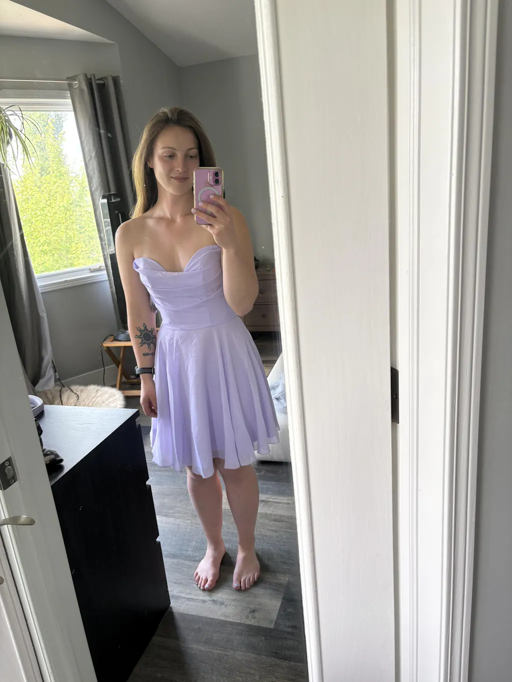 Tamy Lavender | Short Chiffon Dress with Sweetheart Neckline