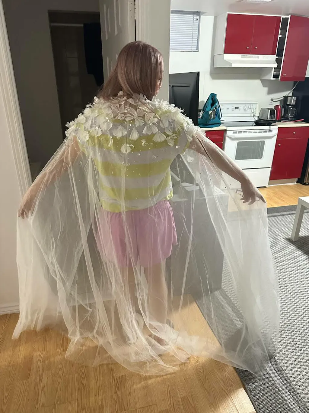 Volina Ivory | Floral Embroidered Tulle Cape with Feathers