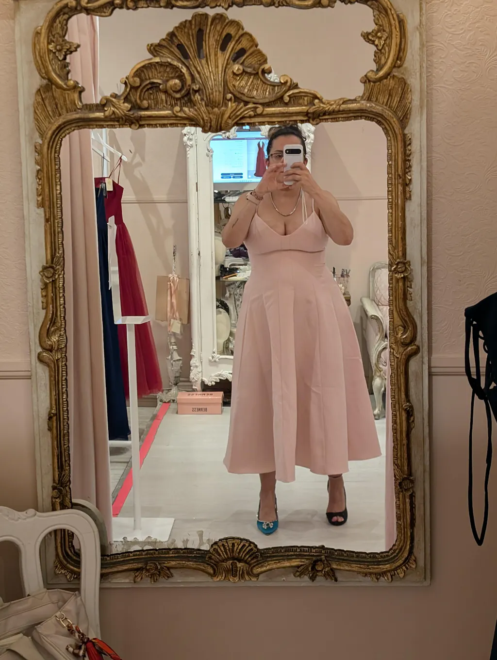 Elektra Pink | V-Neck A-Line Midi Dress with Ajustable Strap