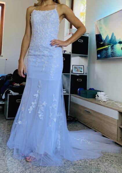 Gorgeous Light Blue Lace Applique Mermaid Prom Dress with Spaghetti Straps  and High Slit FD3460 - Light Blue / Custom Size