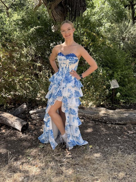 Strapless Corset Ruffles Floral Chiffon A-Line Long Prom Dresses with Front Split