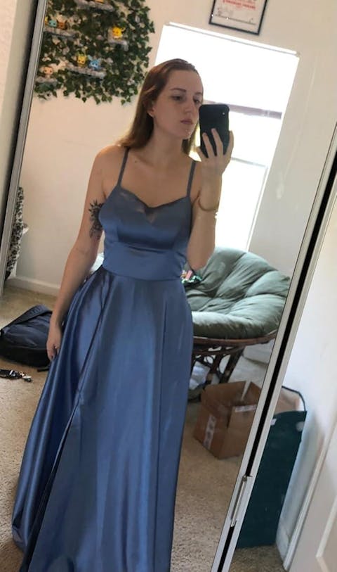 Stunning A-Line Square Neck Spaghetti Straps Satin Prom Dresses with Slit