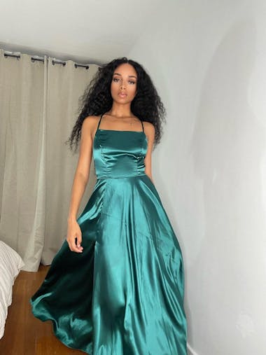 Stunning A-Line Square Neck Spaghetti Straps Satin Prom Dresses with Slit