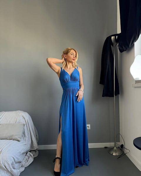 Deep V Neck Light Blue Long Prom Simple Flowy Bridesmaid Dresses