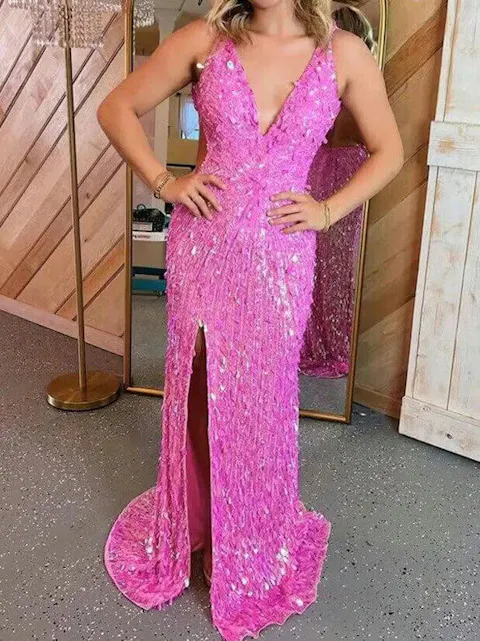 Glitter Sequins Sleeveless V Neck Prom Dress Long with Split
