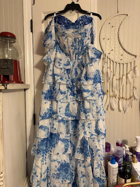 Strapless Corset Ruffles Floral Chiffon A-Line Long Prom Dresses with Front Split