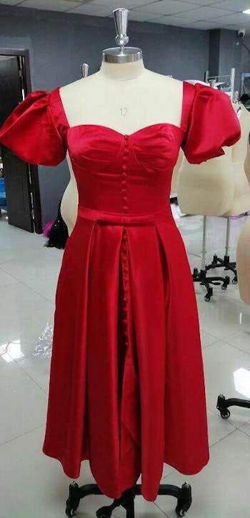 A Line Burgundy Satin Evening Party Dresses Short Puff Sleeves
