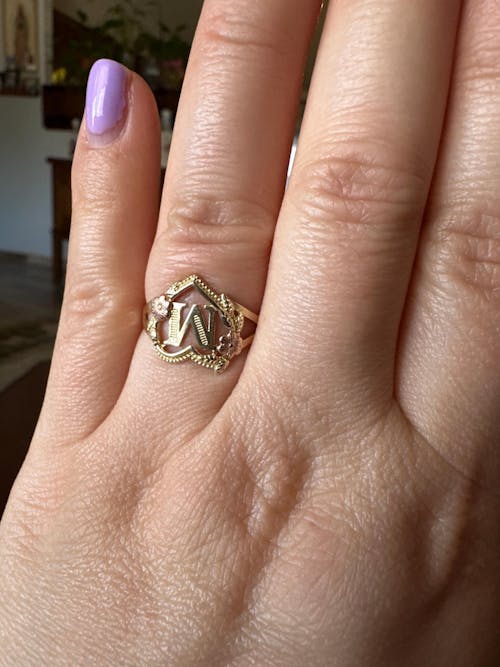 Solid 14k Gold Flor Heart Initial Ring - A to Z - Yellow and Rose Gold - For Women