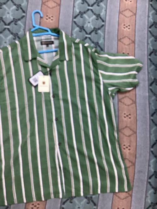 Green & White Striped Cuban Collar Shirt
