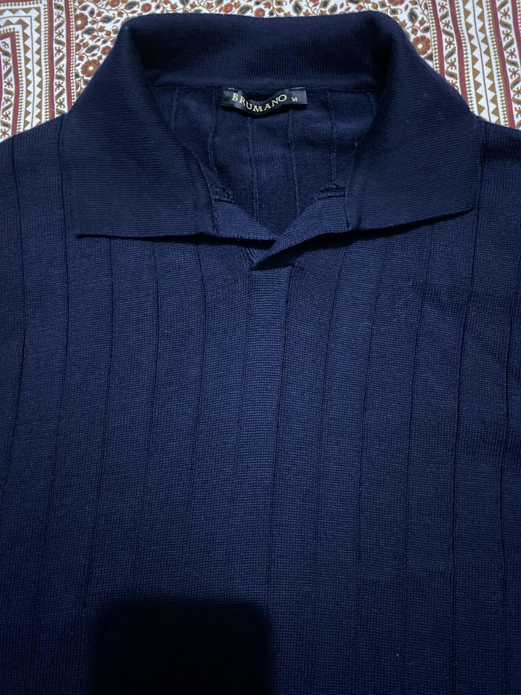 Navy Blue Drop Needle Flat Knit Polo