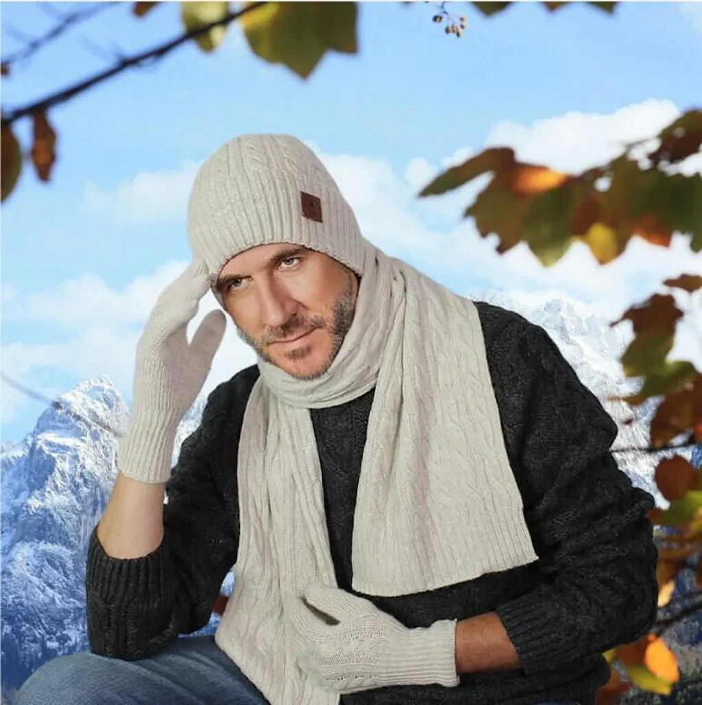YAMEE Winter Set Mtze Schal Handschuhe Herren Damen  Beanie Touchscreen  Strick Set Zweifarbig